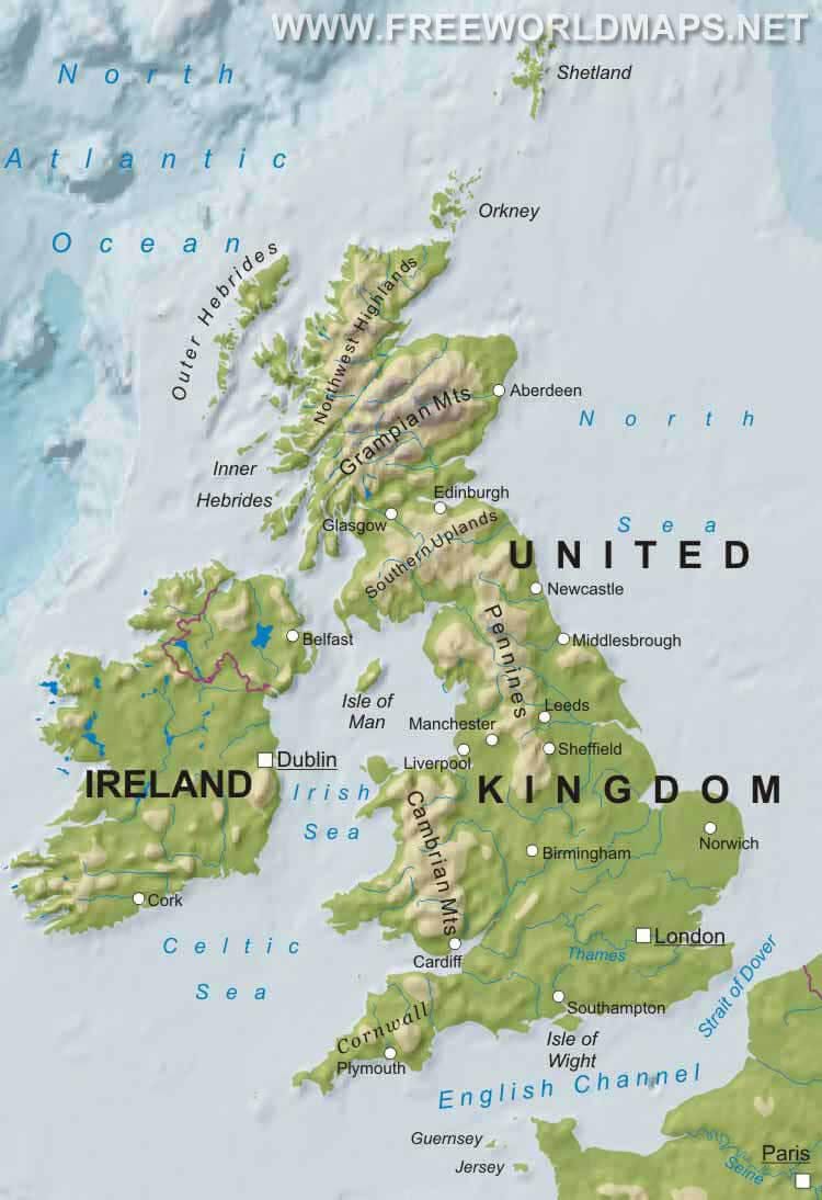 fyzická mapa Velké Británie