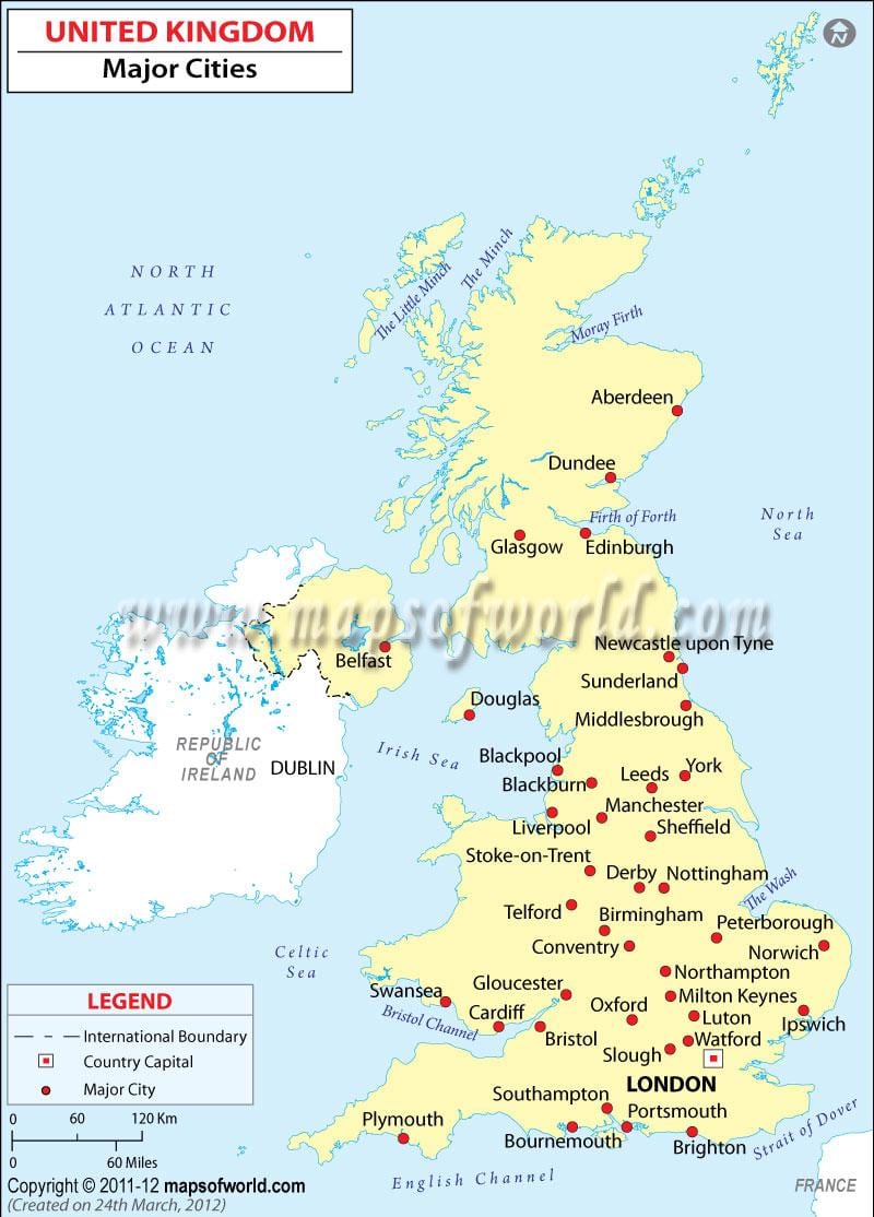 mapa velké BRITÁNII ukazuje velkých městech