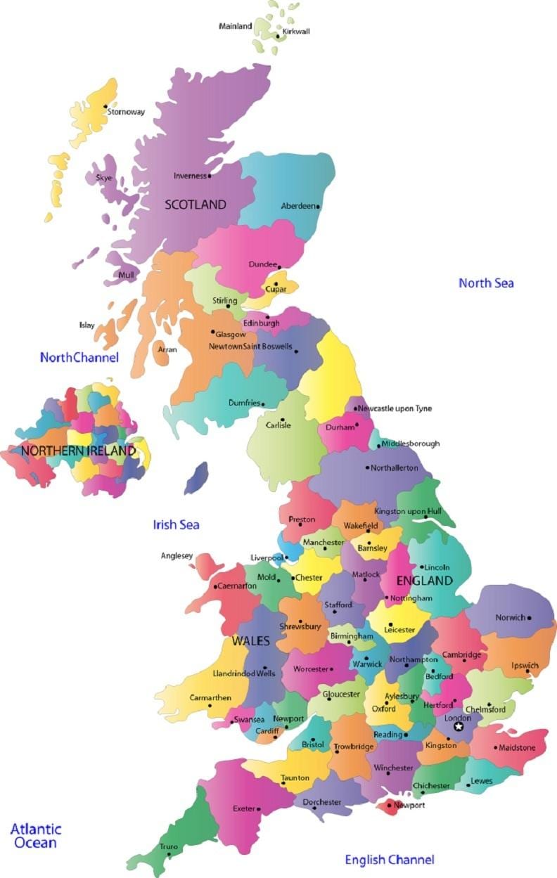 mapa velké BRITÁNII ukazuje krajů