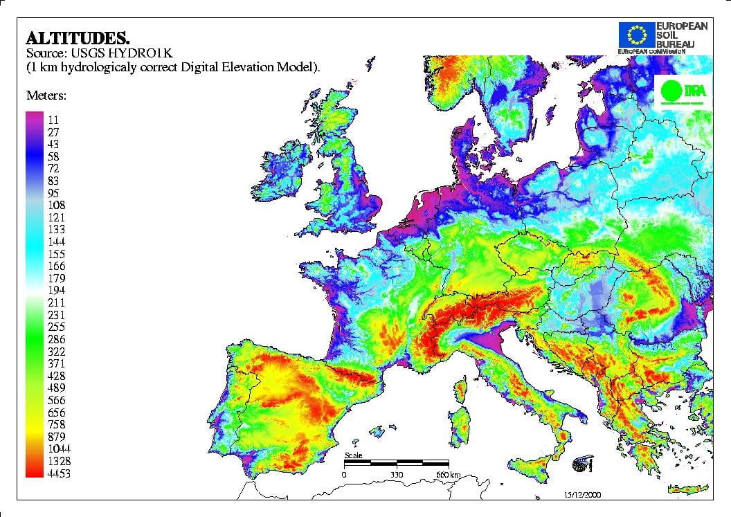 mapa velká BRITÁNIE nadmořská výška
