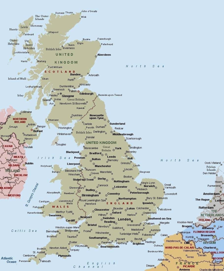 mapa velké Británie s městy